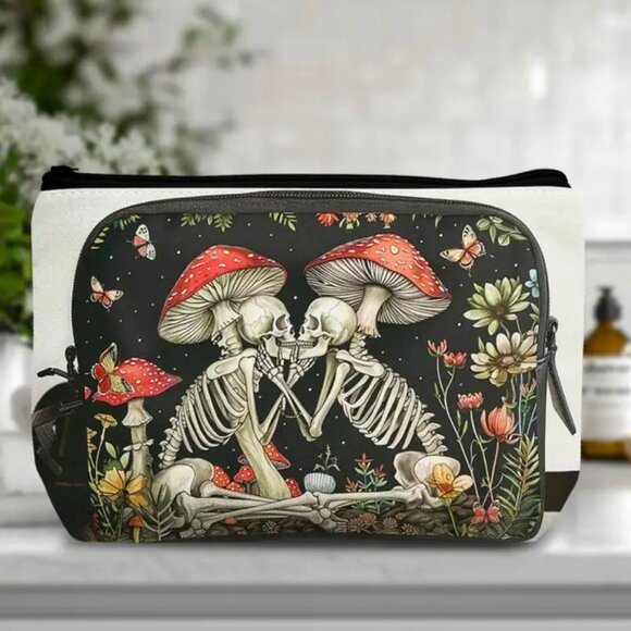 Cosmetic Bag Mushrooms Soulmates Skeletons Makeup Pouch Travel Storage Love NEW - Picture 1 of 3